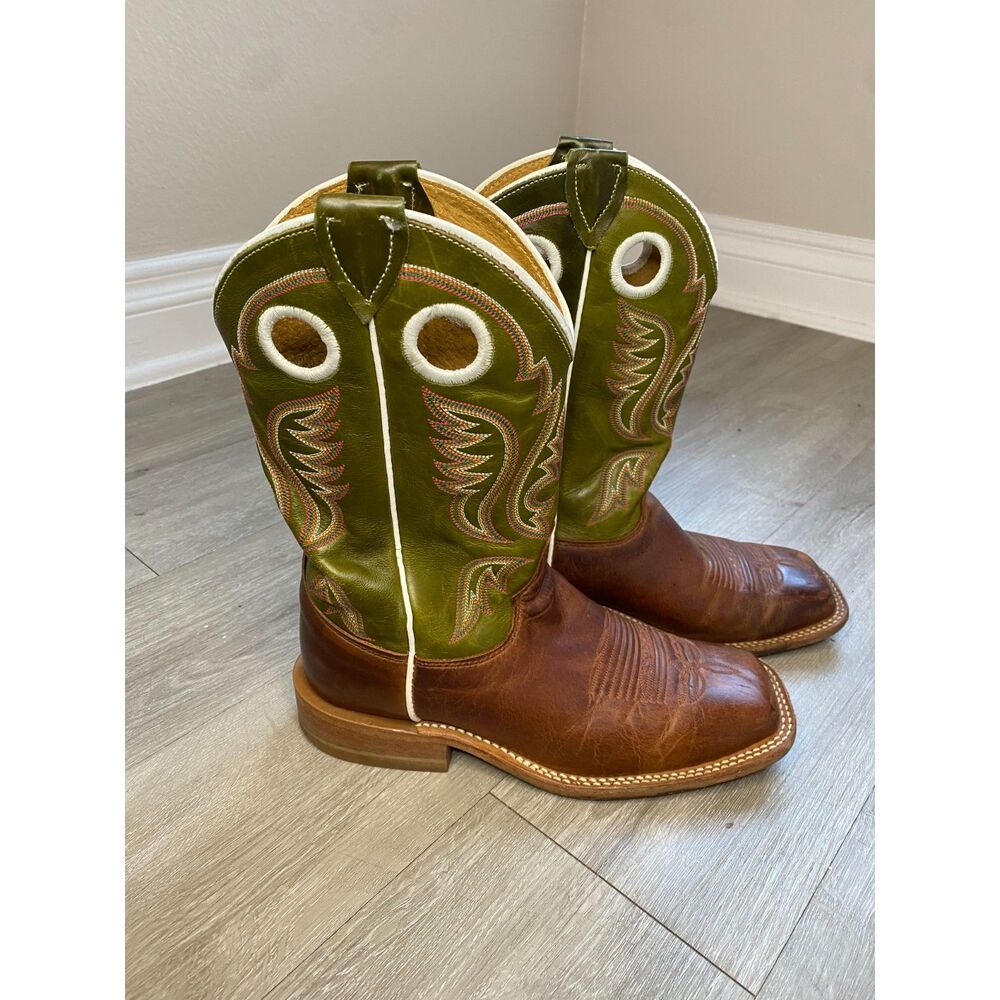 Justin Bent Rail Cowboy Boots Brown Green Leather Square Toe Size 4 EE Western